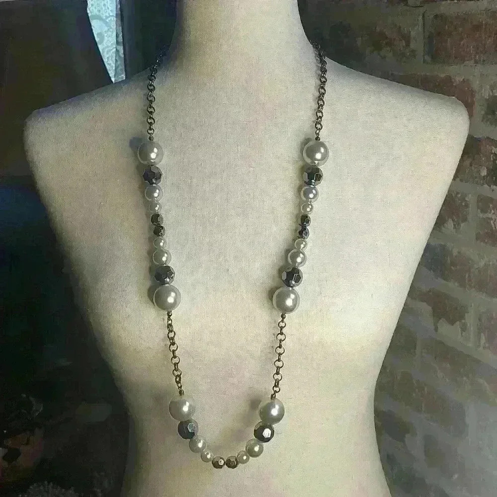 Faux pearl long necklace